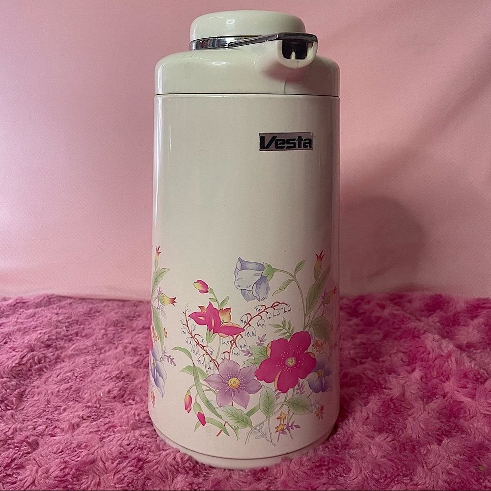 Vintage 70s 80s VESTA floral enamel vacuum coffee tea carafe dispenser